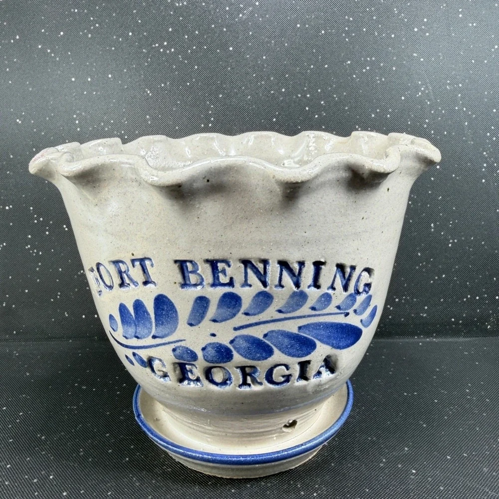 Westerwald Stoneware Fort Benning Georgia Planter Ruffled Rim Cobalt Blue Signed